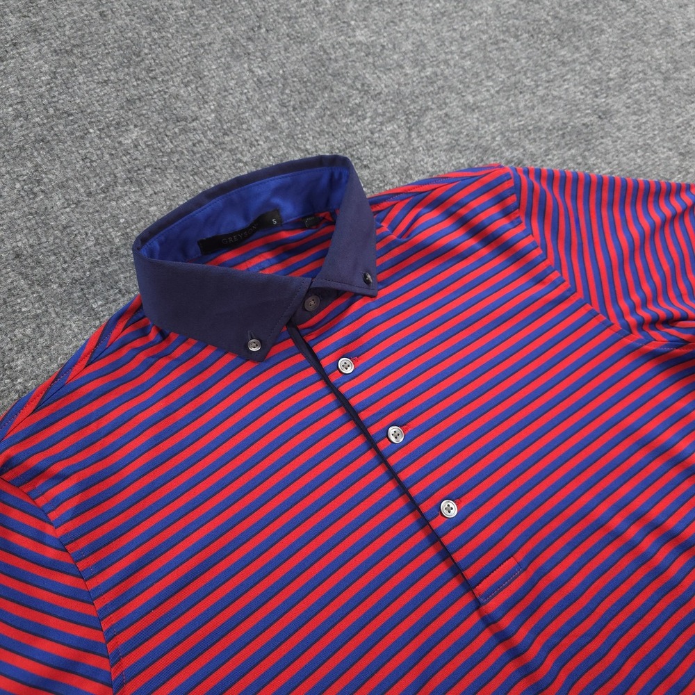 Greyson Polo Shirt Mens Small Blue Red Stripe Performance Golf Stretch Wolf Logo